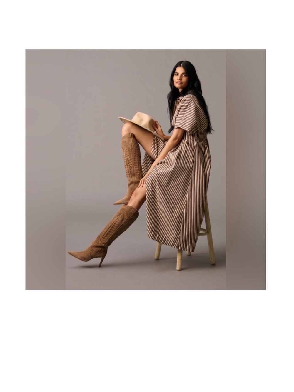 Striped Short-Sleeve Midi Dress in Beige